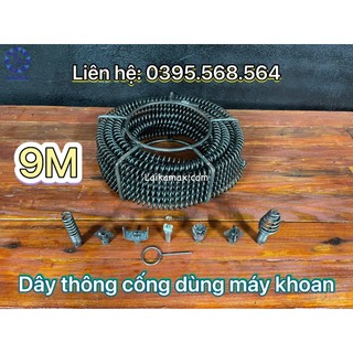Dây thông cống dùng máy khoan dài 9m + 6 đầu thông + kết nối máy khoan