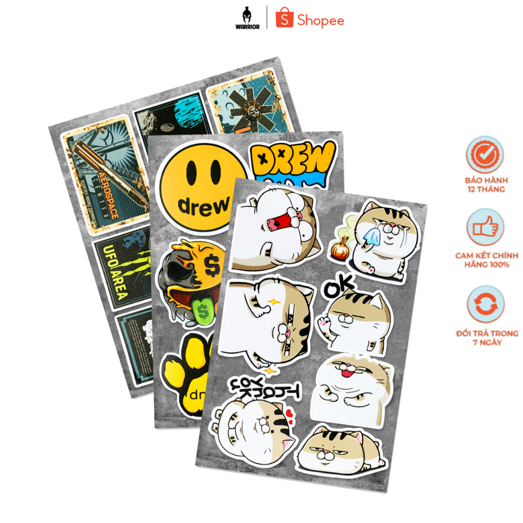 Sticker dán mũ bảo hiểm Vintage, mèo mập, Drew cao cấp chống thấm nước