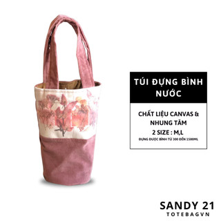 Túi vải Canvas phối vải nhung tăm màu hồng, túi vải đựng Ly Bình nước giữ nhiệt
