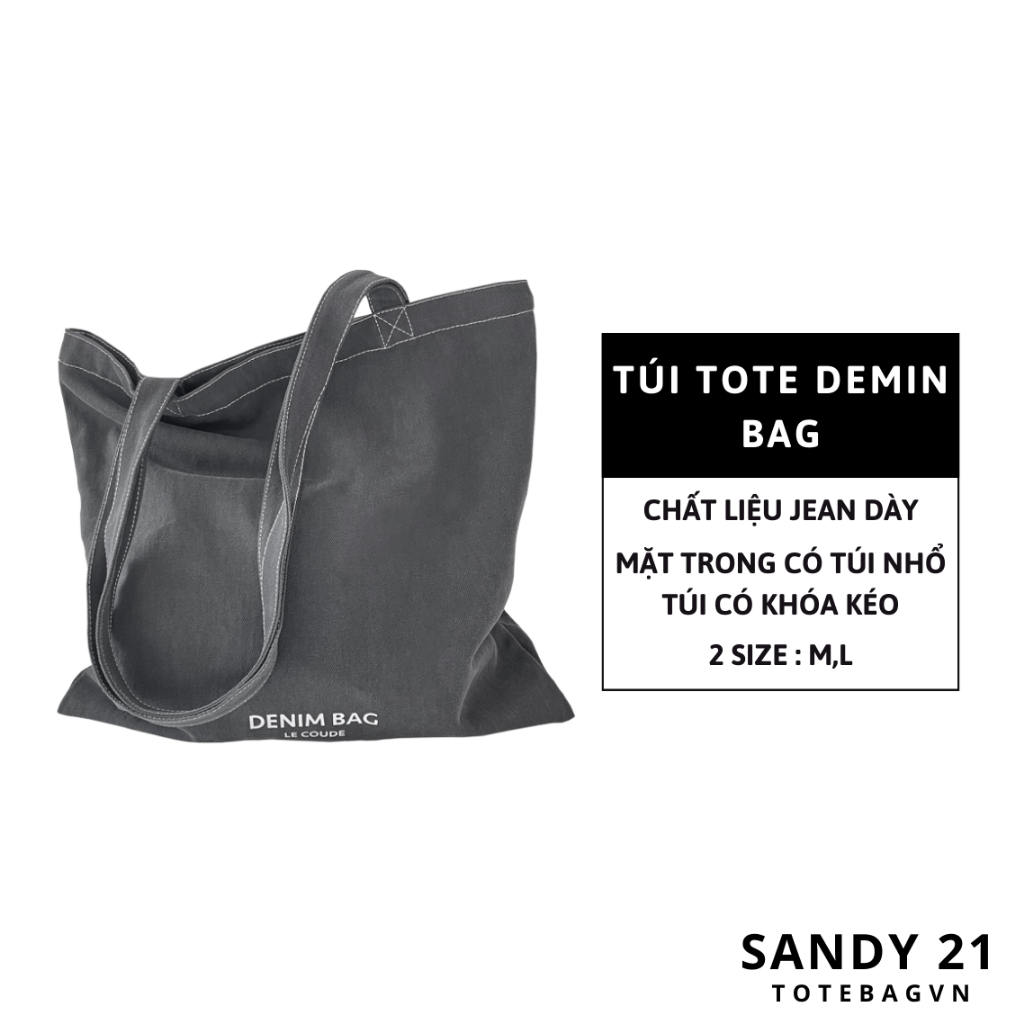 LECOUDE túi vải denim màu xám đậm dày dặn phong cách retro túi có nhiều kích thước, túi đeo vai mang đi học, đi chơi