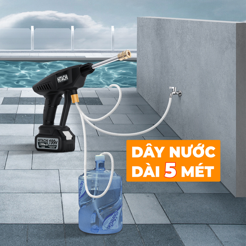 Máy rửa xe dùng pin HITACHI 199V áp lực cao tạo bọt tuyết