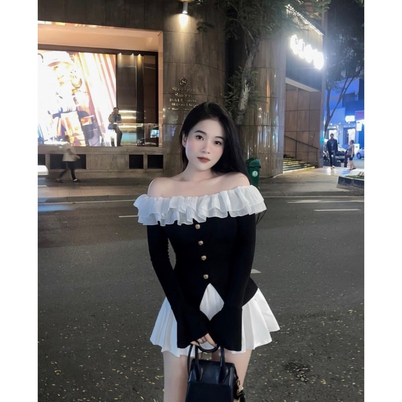 Set áo bẹt vai chất len tăm tay loe và chân váy xếp ly có quần SML kho sỉ hải chuyền