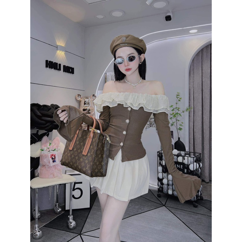 Set áo bẹt vai chất len tăm tay loe và chân váy xếp ly có quần SML kho sỉ hải chuyền