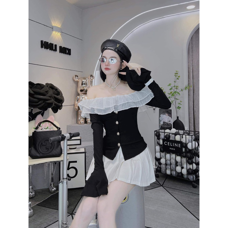 Set áo bẹt vai chất len tăm tay loe và chân váy xếp ly có quần SML kho sỉ hải chuyền