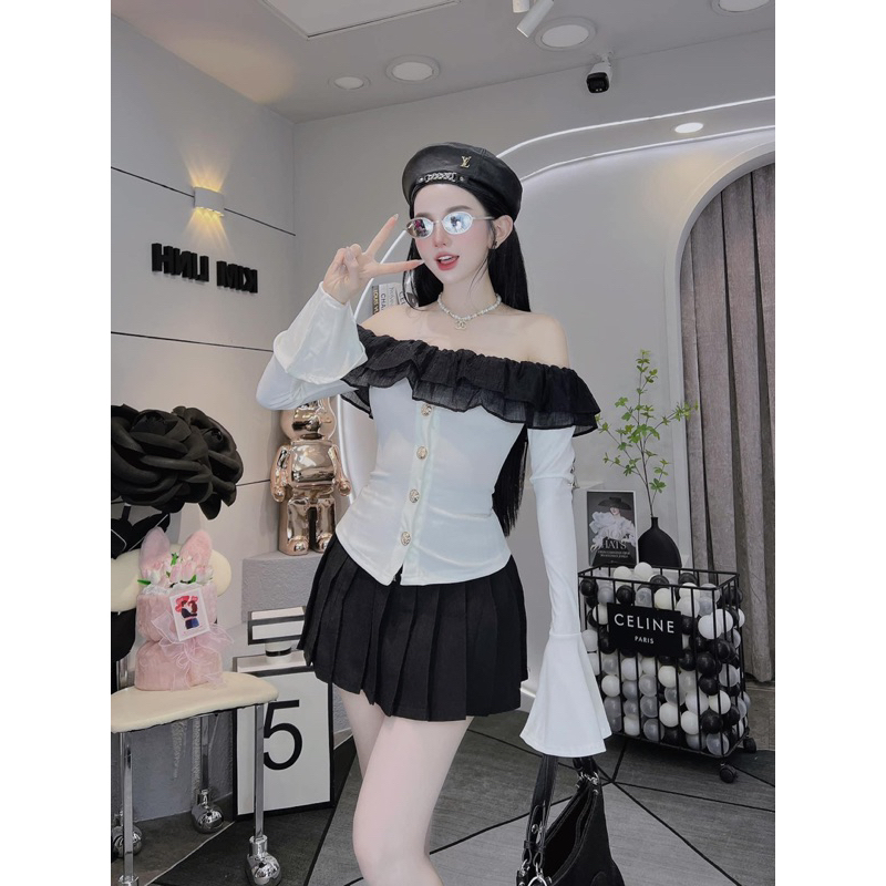 Set áo bẹt vai chất len tăm tay loe và chân váy xếp ly có quần SML kho sỉ hải chuyền