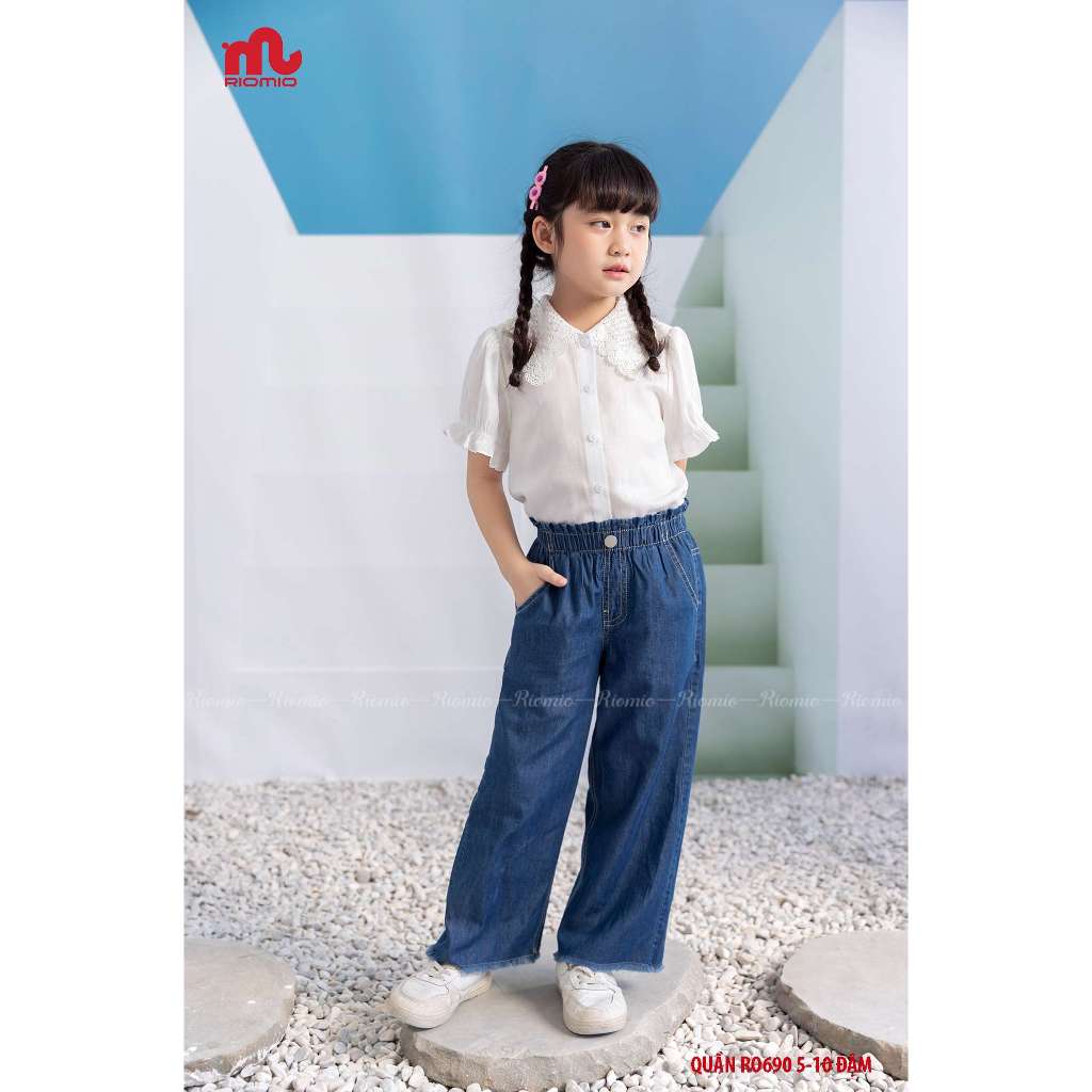 Quần jean bé gái ống rộng RIOMIO size 21-42kg, ống tua rua style Hàn Quốc chất jean USA  không phai màu RO690