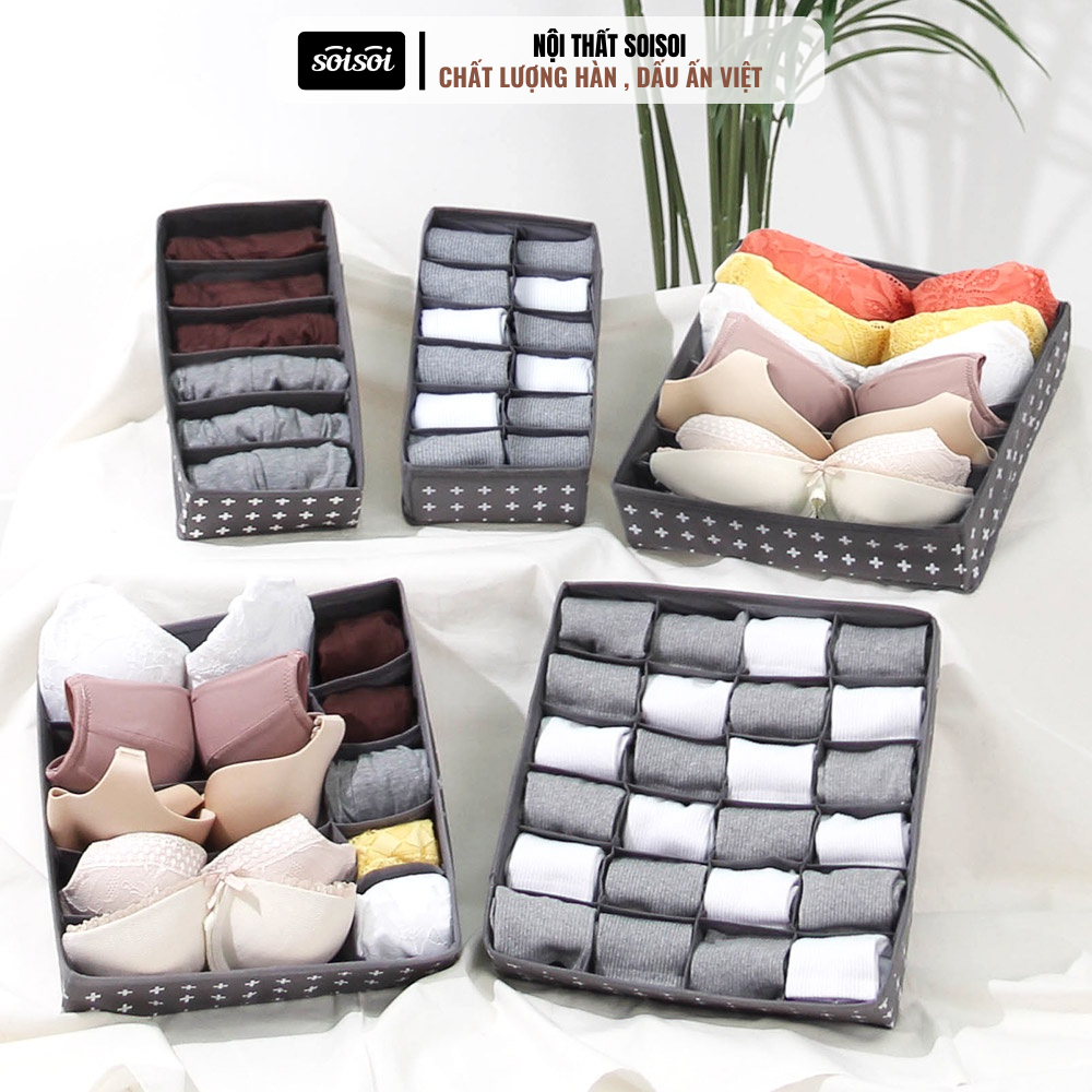 Hộp đựng đồ lót, đựng tất vớ 6, 7,10,12, 24 ngăn sạch sẽ vải không dệt SOISOI Khay bảo quản, tiết kiệm diện tích