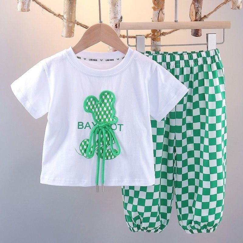 Bộ quần áo mùa hè bé gái 18-42kg,Set cộc tay thêu gấu BEARS cho bé chất liệu cotton chính phẩm thấm hút mồ hôi