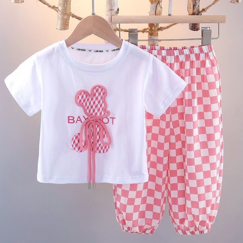 Bộ quần áo mùa hè bé gái 18-42kg,Set cộc tay thêu gấu BEARS cho bé chất liệu cotton chính phẩm thấm hút mồ hôi