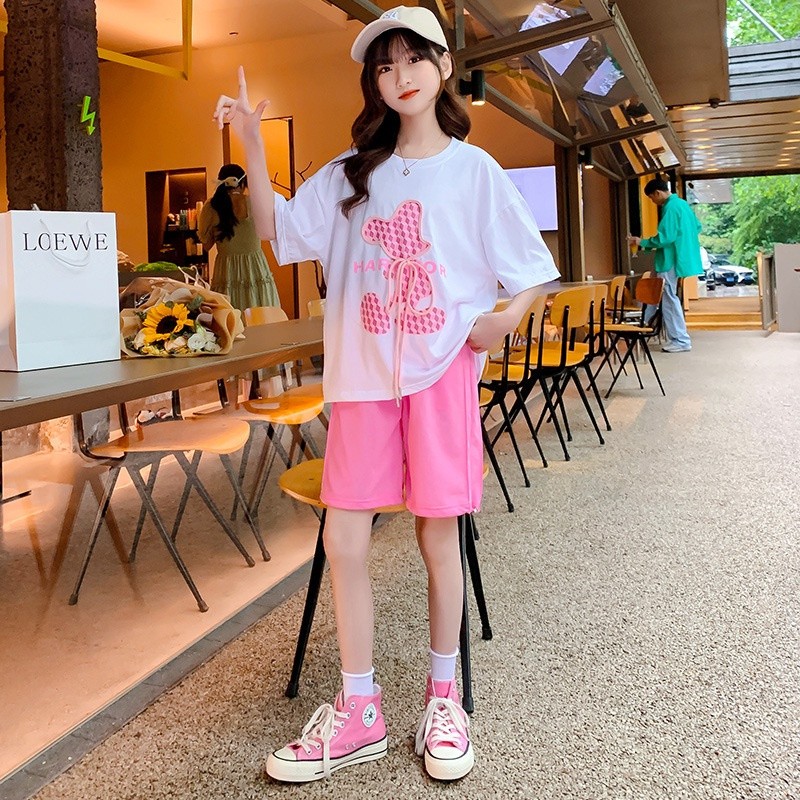 Bộ quần áo mùa hè bé gái 18-42kg,Set cộc tay thêu gấu BEARS cho bé chất liệu cotton chính phẩm thấm hút mồ hôi