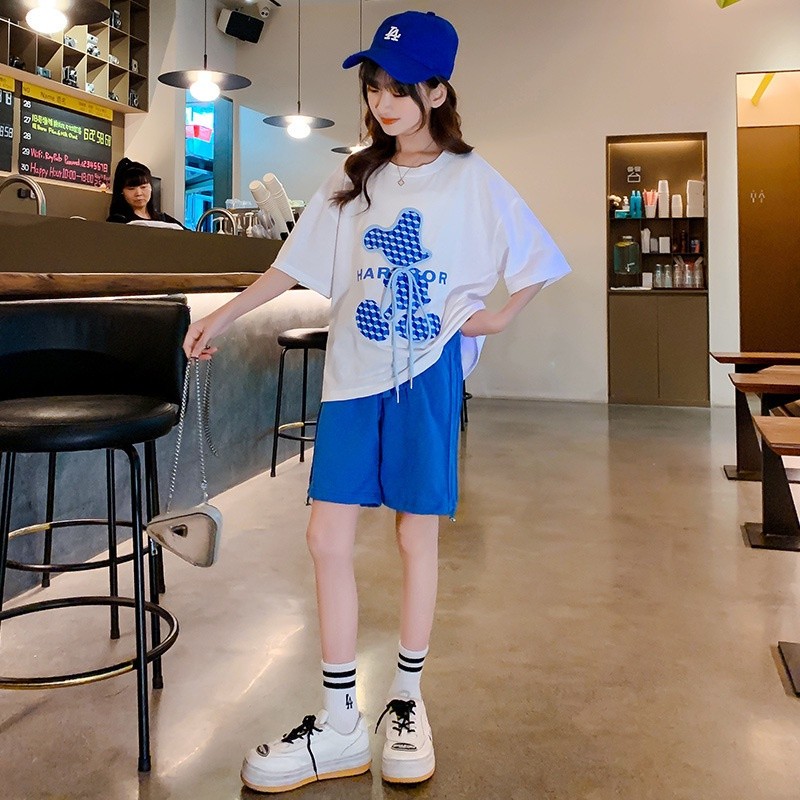 Bộ quần áo mùa hè bé gái 18-42kg,Set cộc tay thêu gấu BEARS cho bé chất liệu cotton chính phẩm thấm hút mồ hôi