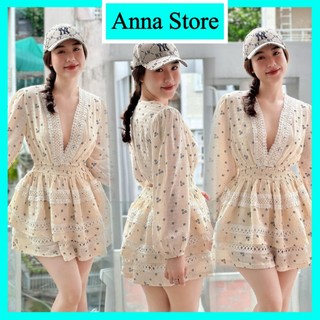 set váy đầm tầng tay dài cỏ V phối viền ren in hoa nhí M828