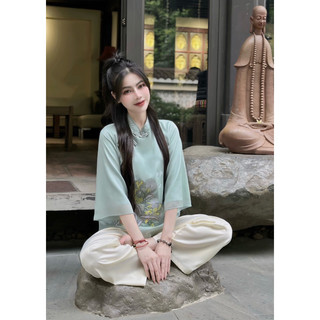 Đồ lam đi chùa Bộ lụa voan tơ 2 lớp thêu hoa Bồ công anh