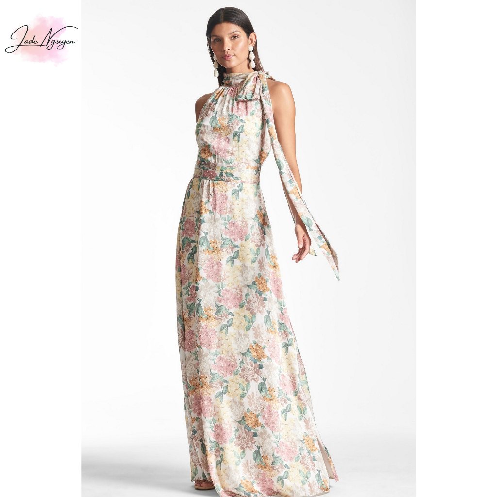 Đầm dự tiệc cổ yếm dáng dài in hoa cổ điển - CJN1013