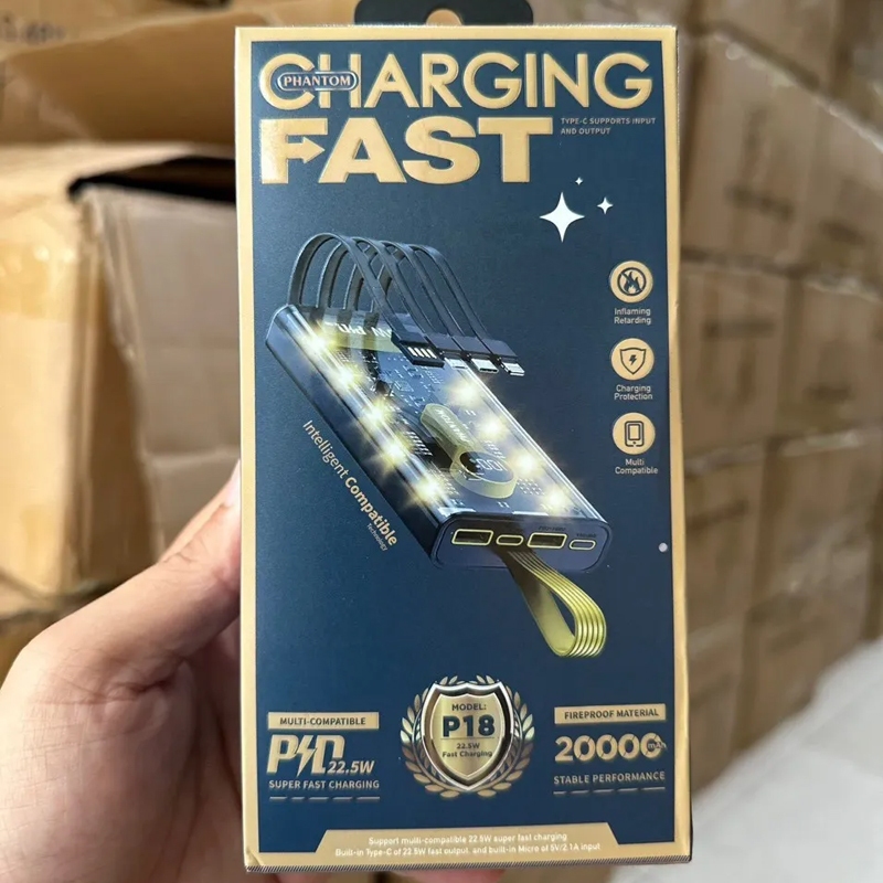 Pin dự phòng sạc nhanh PHANTOM P18 20000mAh tích hợp 4 cáp sạc QC 22.5 và PD 20W - 10 đèn led 4 chế độ