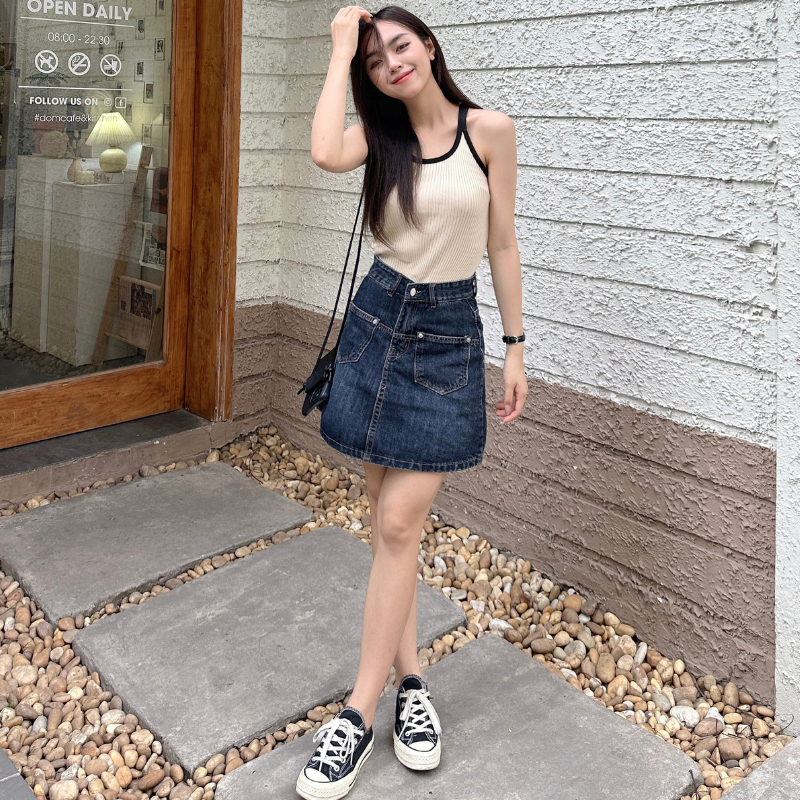 Chân váy bò ngắn, Chân váy jean 2 túi trước siêu hot 2024