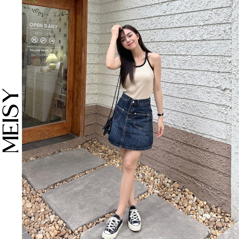 Chân váy bò ngắn, Chân váy jean 2 túi trước siêu hot 2024