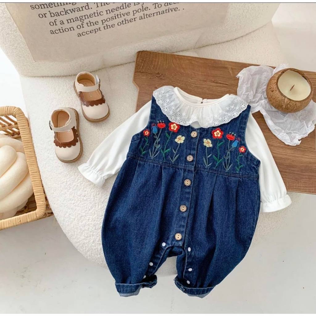 Sét Yếm Bò Thêu Hoa Áo Lem Tăm Cổ Phối Ren 4-11 Kg ,Sét Yếm Cho Bé Gái Đầy Tháng Thôi Nôi