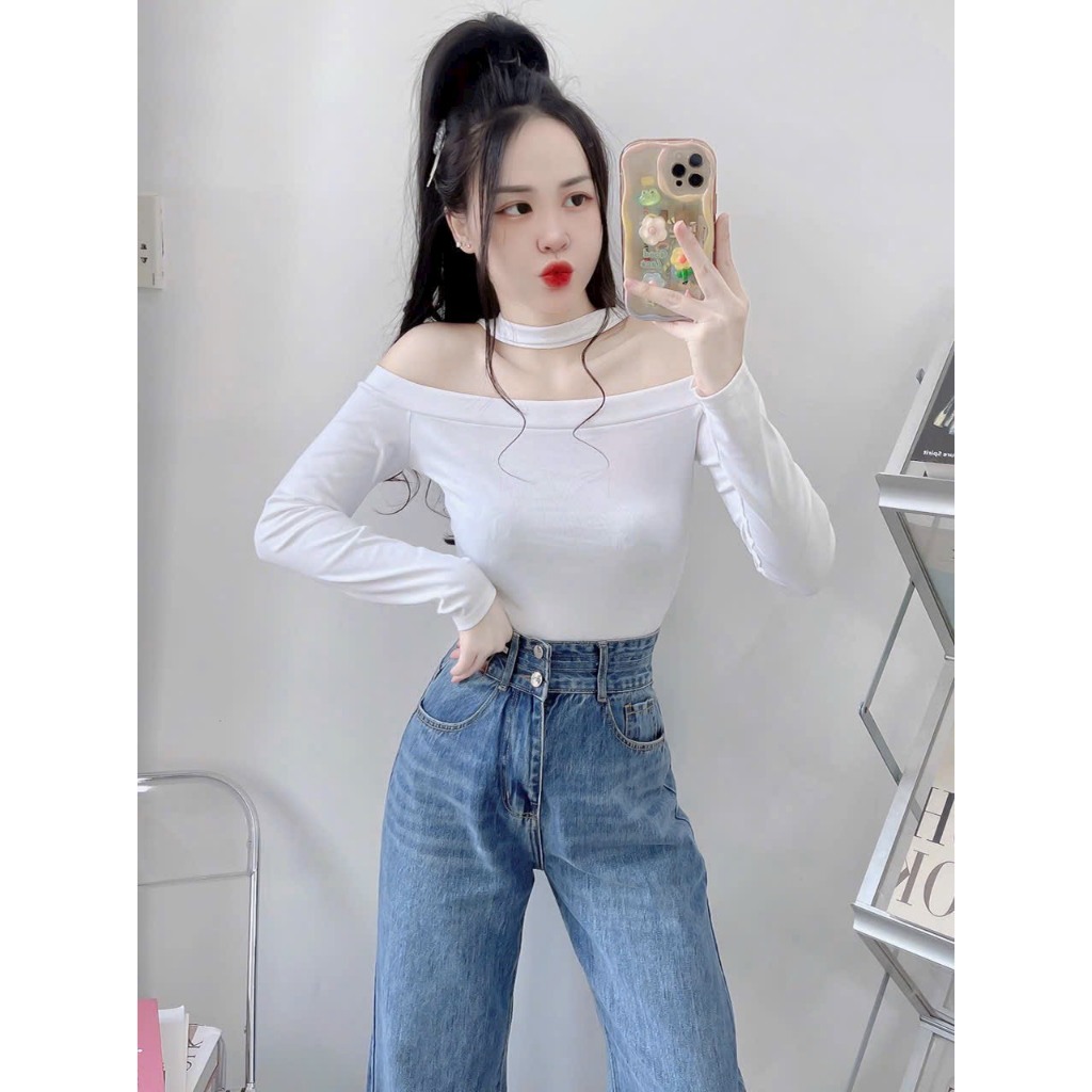 Áo Thun Trễ Bẹt Vai Choàng Cổ Tay Dài