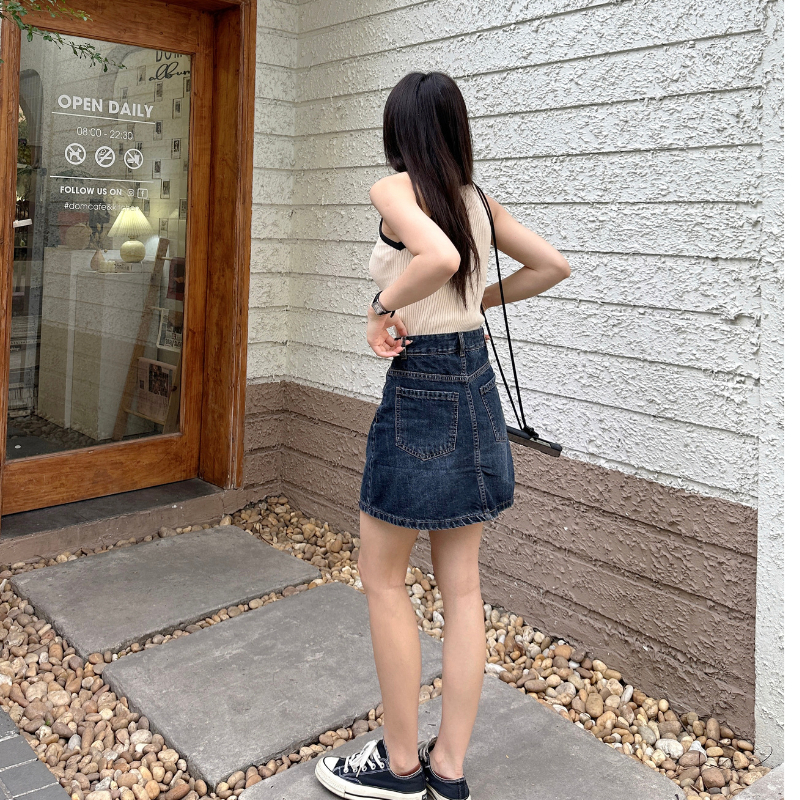 Chân váy bò ngắn, Chân váy jean 2 túi trước siêu hot 2024