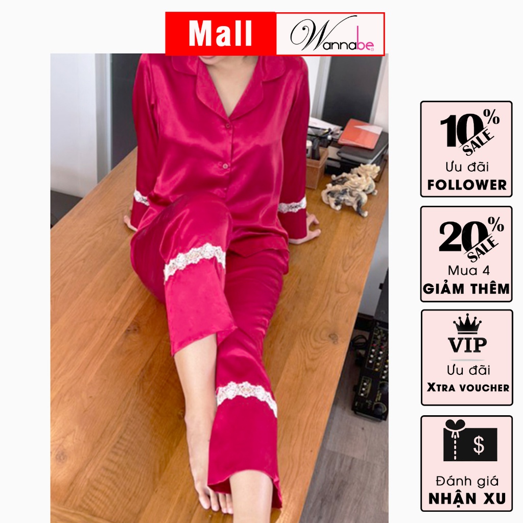 Đồ bộ mặc nhà Pijama nữ WANNABE BDS12 đồ bộ quần dài tay dài phối ren nhỏ ở lai sang trọng