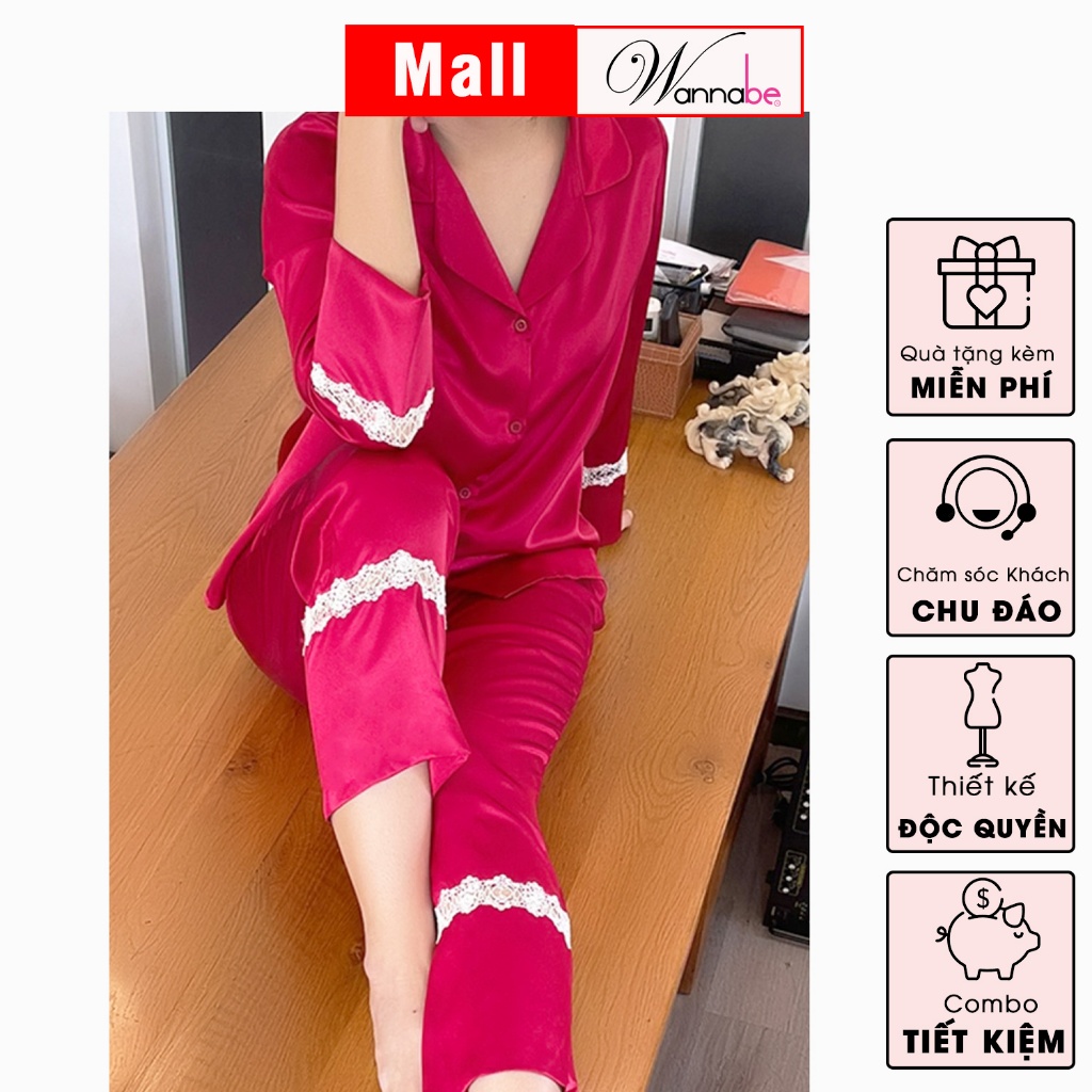 Đồ bộ mặc nhà Pijama nữ WANNABE BDS12 đồ bộ quần dài tay dài phối ren nhỏ ở lai sang trọng