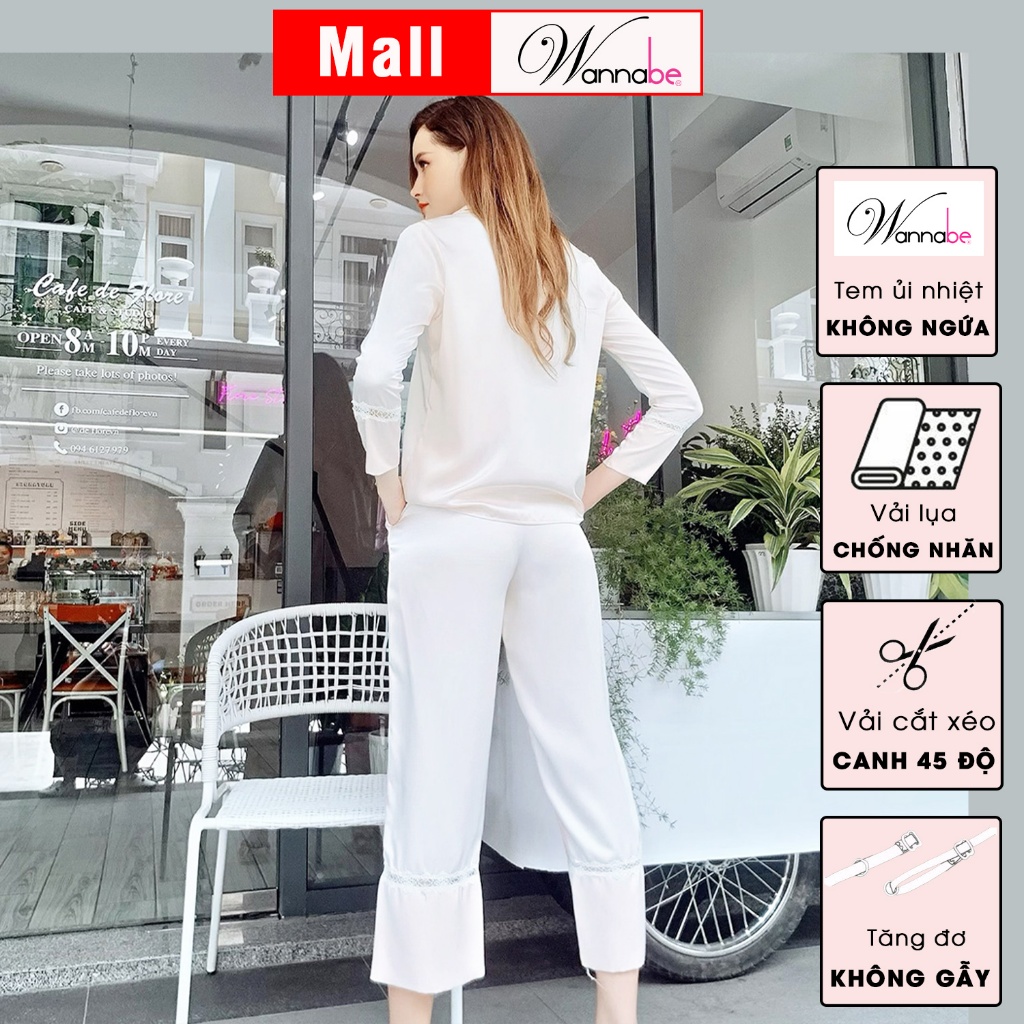 Đồ bộ mặc nhà Pijama nữ WANNABE BDS12 đồ bộ quần dài tay dài phối ren nhỏ ở lai sang trọng