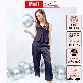 Đồ bộ mặc nhà phi lụa WANNABE BDS04 quần dài phối áo bản vai viền ren hoa nữ tính luôn đẹp khi ở nhà