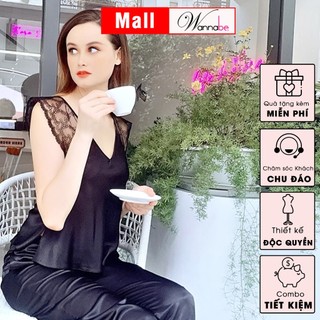 Đồ bộ mặc nhà phi lụa Wannabe bộ dài bds06 phối ren hoa tay áo nhẹ nhàng quý phái