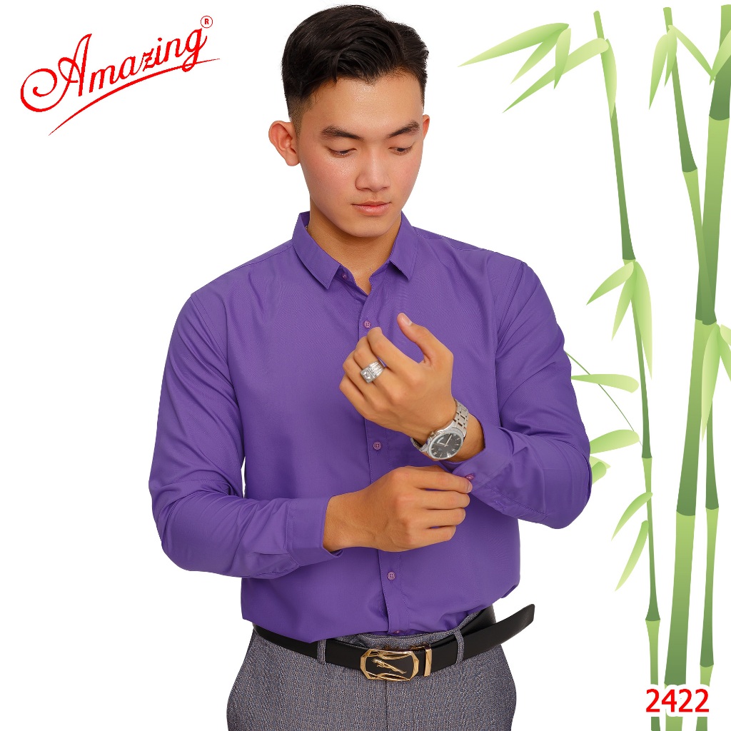 Áo somi nam màu xanh ngọc tay dài, style Hàn Quốc, không túi, vải Bamboo nhẹ mát, hiệu Amazing