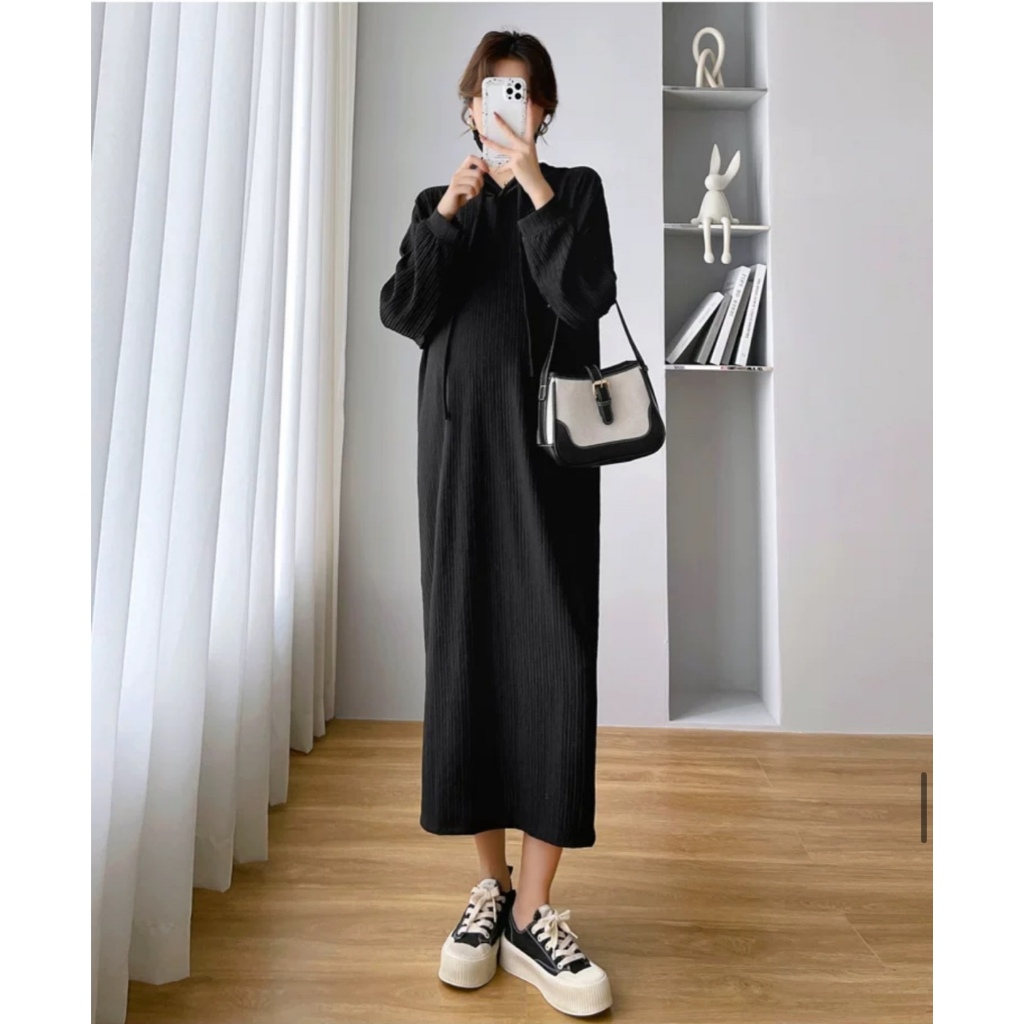 Váy Nữ Nỉ Tăm Dáng Xuông Dài TayThiết Kế Ba Cúc, Đầm Nữ Thu Đông Hoodie Có Nón Đầm M