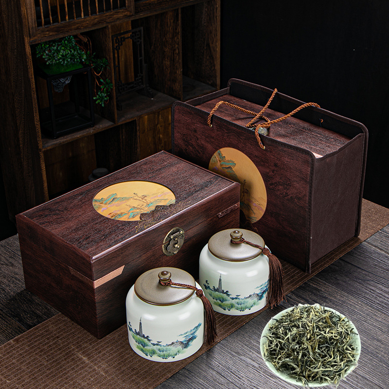 Bộ Quà Tặng Tết Trà Shan Tuyết Thượng Hạng - 2 Hũ Chè Pha Trà Đạo Hộp Gỗ Cao Cấp Quà Biếu Người Thân Doanh Nghiệp
