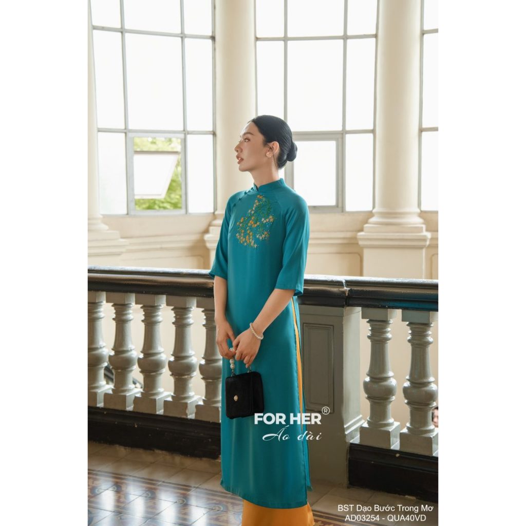 Áo dài FOR HER suông thêu xanh biển AD03254