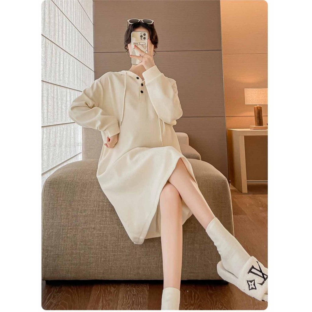 Váy Nữ Nỉ Tăm Dáng Xuông Dài TayThiết Kế Ba Cúc, Đầm Nữ Thu Đông Hoodie Có Nón Đầm M