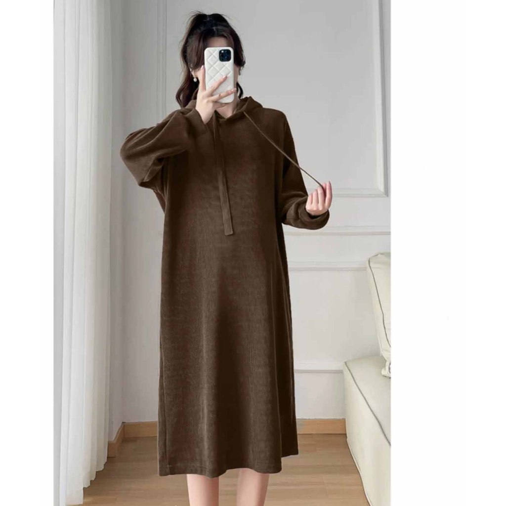 Váy Nữ Nỉ Tăm Dáng Xuông Dài TayThiết Kế Ba Cúc, Đầm Nữ Thu Đông Hoodie Có Nón Đầm M