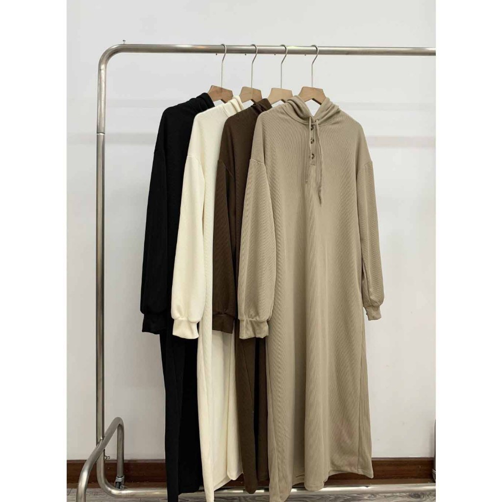 Váy Nữ Nỉ Tăm Dáng Xuông Dài TayThiết Kế Ba Cúc, Đầm Nữ Thu Đông Hoodie Có Nón Đầm M