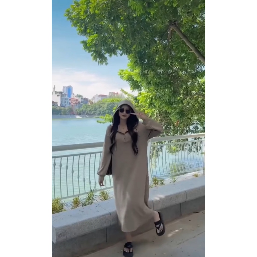 Váy Nữ Nỉ Tăm Dáng Xuông Dài TayThiết Kế Ba Cúc, Đầm Nữ Thu Đông Hoodie Có Nón Đầm M