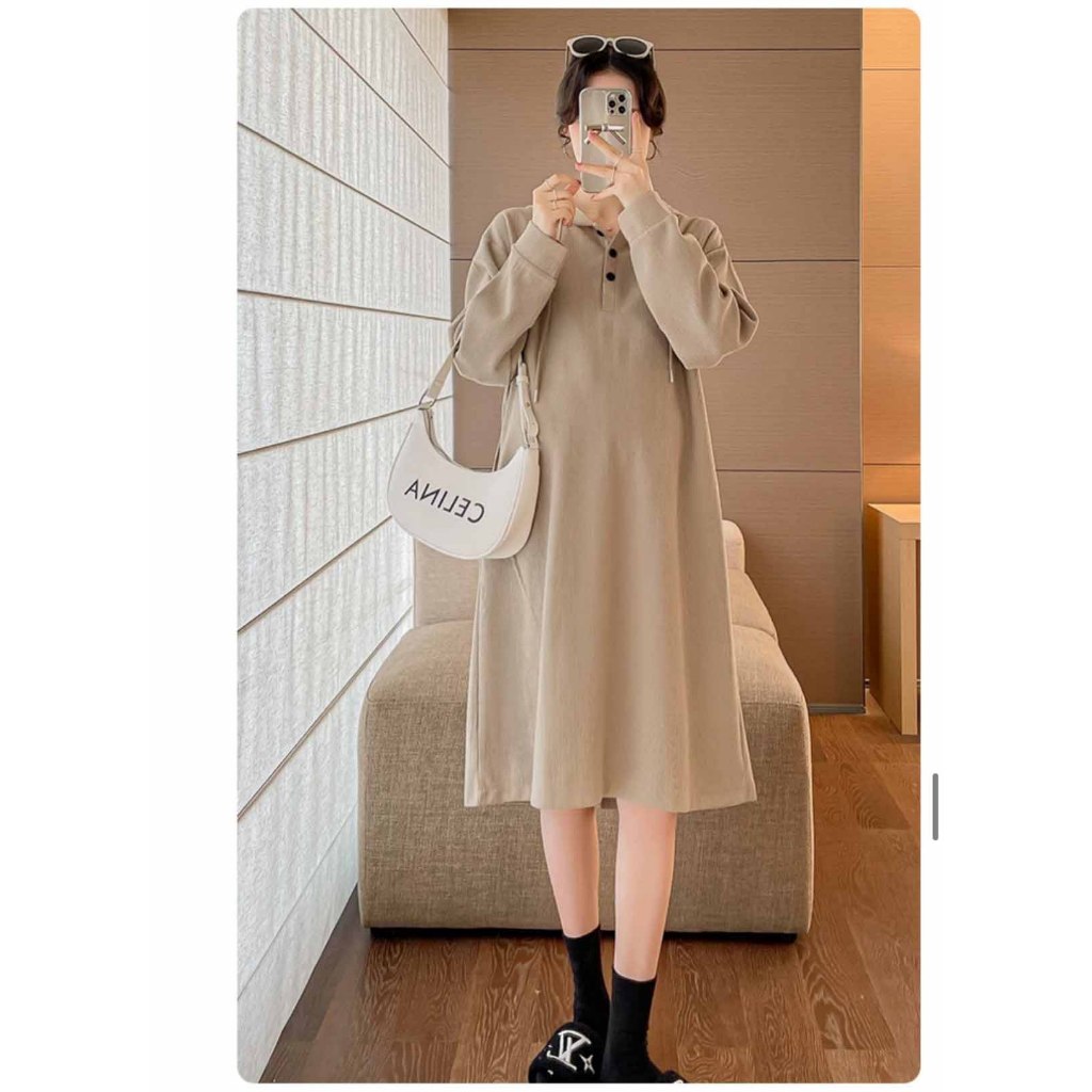 Váy Nữ Nỉ Tăm Dáng Xuông Dài TayThiết Kế Ba Cúc, Đầm Nữ Thu Đông Hoodie Có Nón Đầm M