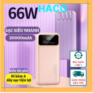 Pin sạc dự phòng 20000mah sạc nhanh 66w haco9 cao cấp tích hợp 4 cáp sạc và đèn pin