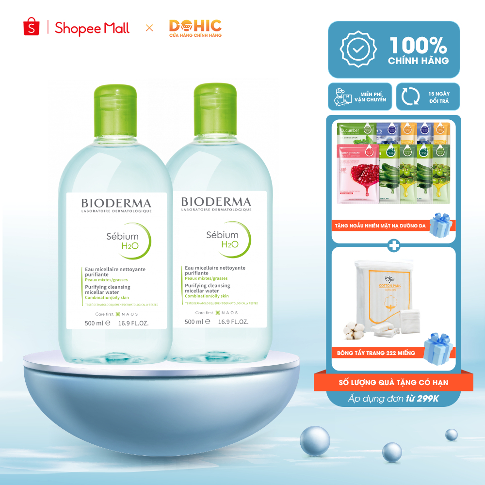 Nước tẩy trang Bioderma Crealine H2O nắp nhấn xanh,hồng 500ml,nước tẩy trang quốc dân dành cho mọi loại da