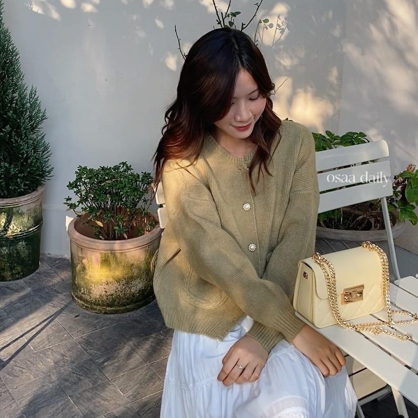 Áo Khoác Cardigan len Cúc Ngọc Tiểu Thư, áo cardigan len trơn phối túi trước siêu dễ thương siêu sah chảnh TX 48
