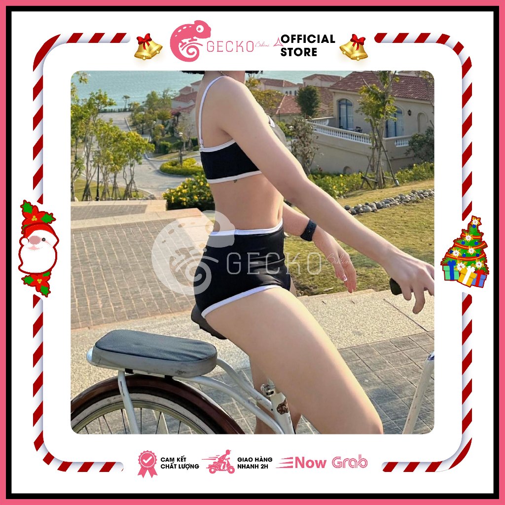 Bikini GECKO 2 Mảnh Ống Viền Trắng Quần Cạp Cao 2M07 (Ảnh Thật)