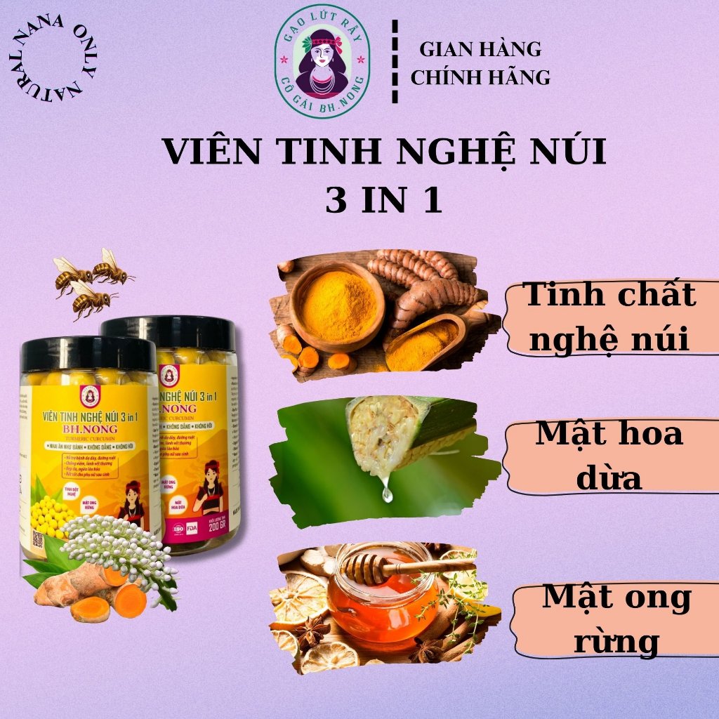 Viên tinh nghệ 3in1 BH.NONG, Mật ong rừng, Viên thủ công, Hỗ trợ dạ dày, Tăng đề kháng, Cho mẹ sau sinh, Đẹp da Hộp 200g