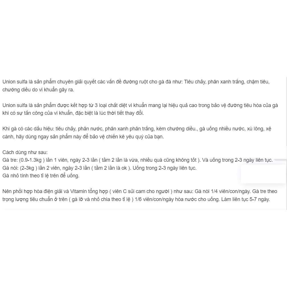 Union sulfa chuyên tiêu chảy phân xanh trắng cho gà đá