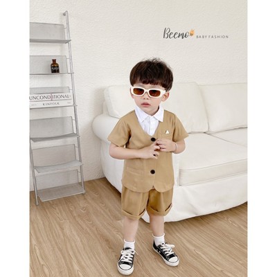 Set bộ vest cộc Beemo (không kèm áo trong) vải text chéo lưng may đai cài lịch lãm mặc đi chơi, sự kiện cho bé 22414B