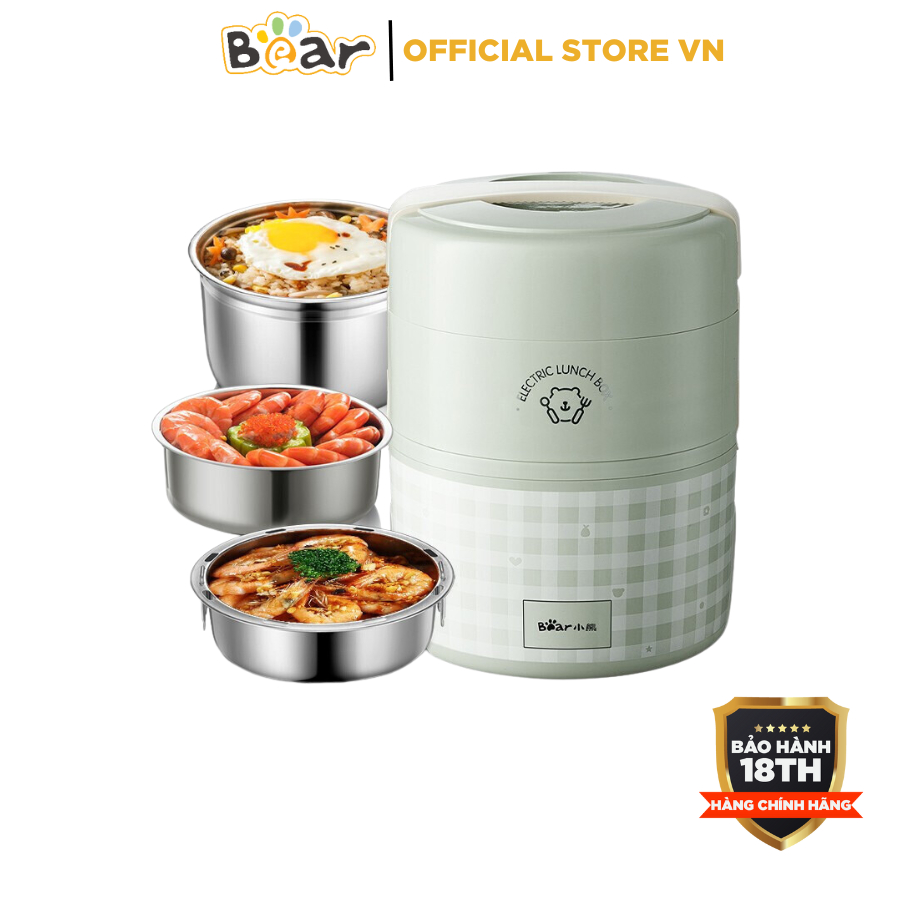 Hộp cơm cắm điện văn phòng giữ nhiệt 3 ngăn 2L Bear DFH-A20Q6, 270W, Đa Năng Nấu cơm, Hâm nóng, Hấp thực phẩm, BH 18 Th