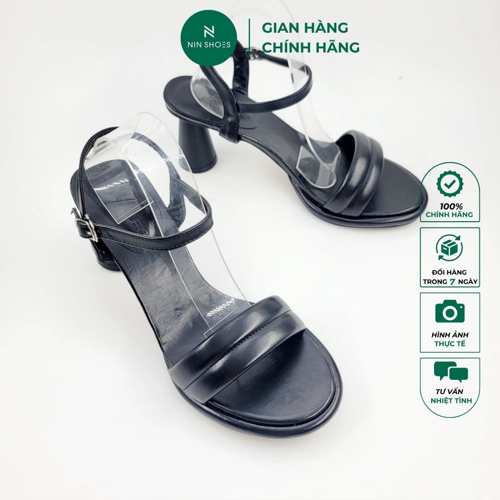 Giày Sandal Ninshoes - Sandal dây 6p trụ mũi tròn vát đúp trước tag quai hai viền khuy cài hông thanh lịch