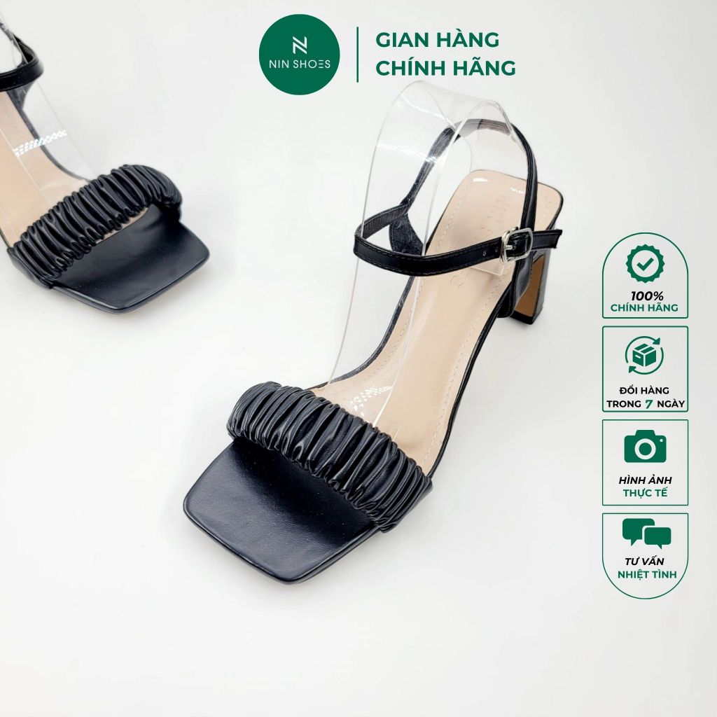 Sandal dây mảnh nữ Ninshoes giày Sandal cao gót nữ 9p gót trụ mũi vuông quai ngang to