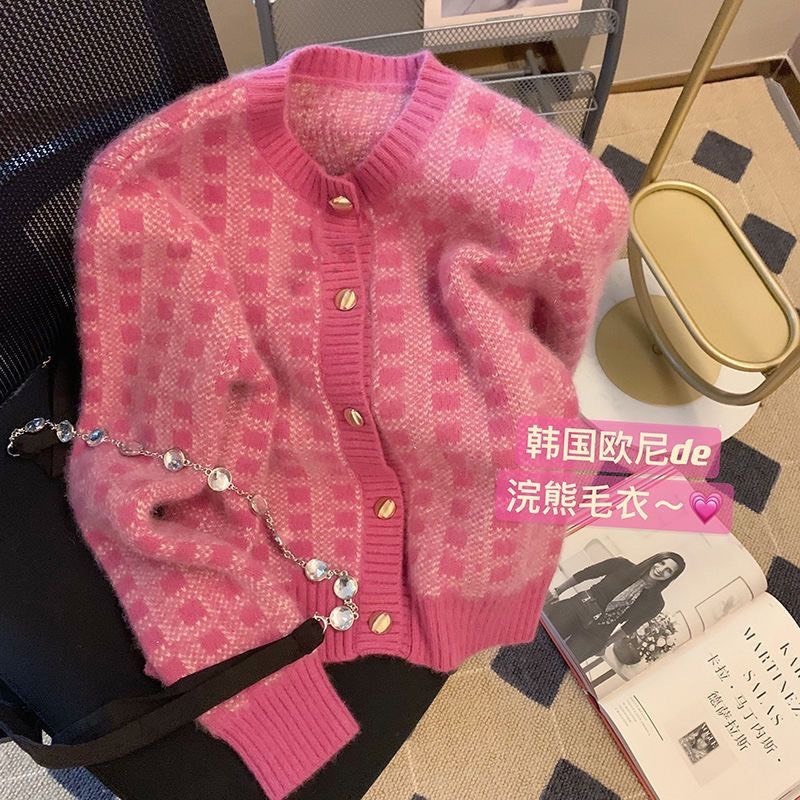 Áo cardigan kẻ hồng và tím áo len nữ cổ tròn, chất len mềm mịn hàng Quảng Châu có size to SP26