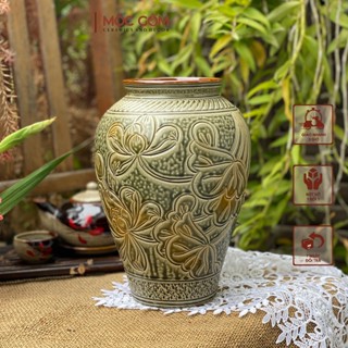  Bình hoa gốm sứ Bát Tràng dáng xoài họa tiết khắc tay hoa sen men xanh lam chảy vintage | Mộc Gốm MG289 
